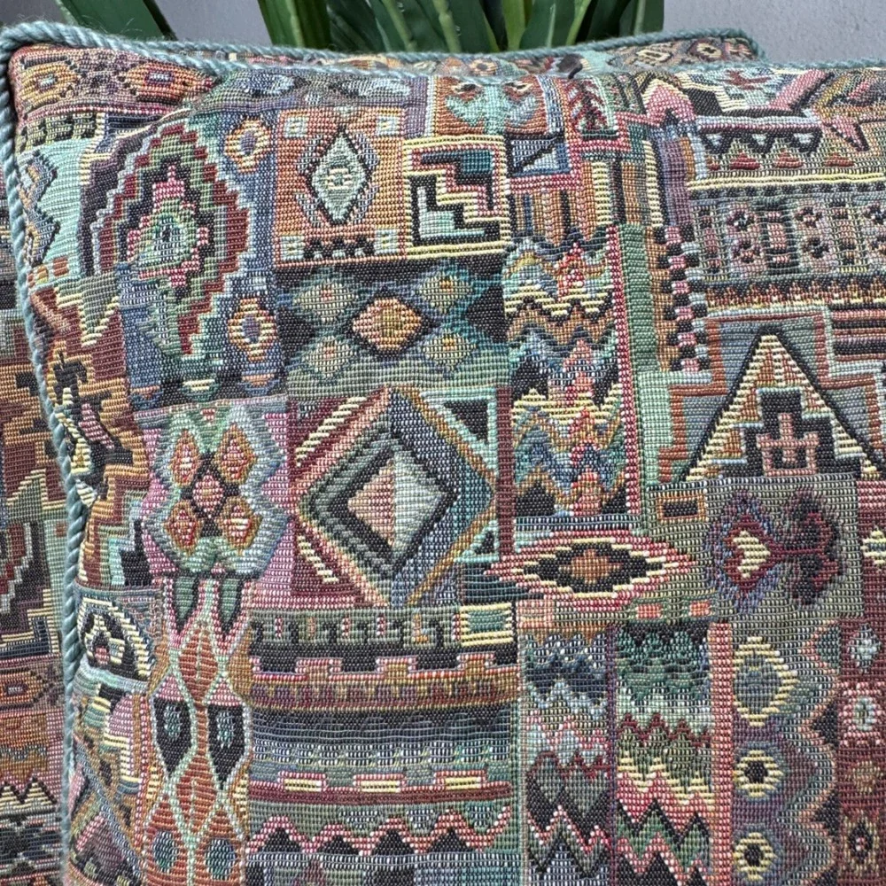 Set of Two Vintage Earthy Southwestern Aztec Geometric Woven Throw Pillows 13x13